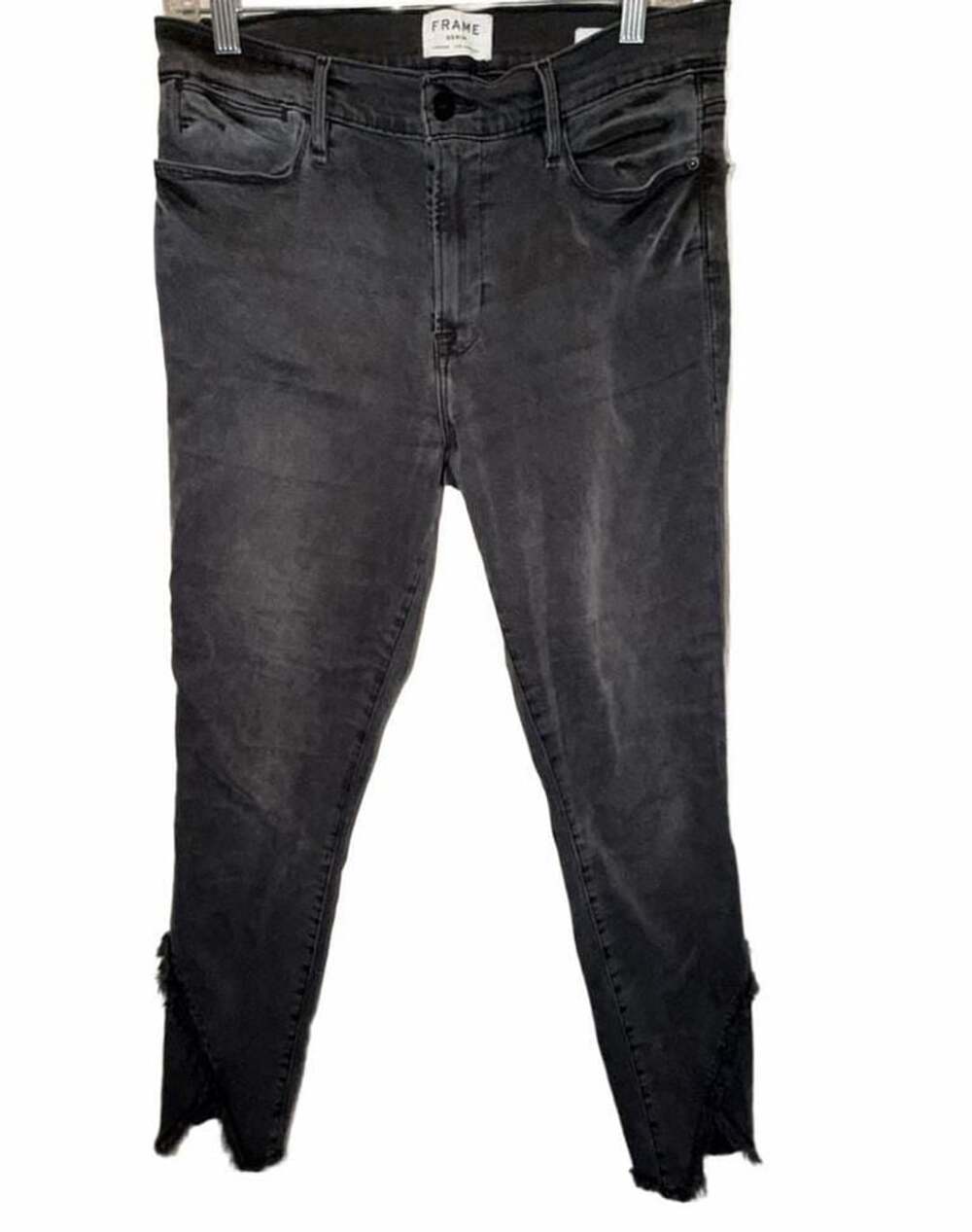 FRAME Le High Skinny Jeans Womens Black Quinby Asymmetrical Frayed Hem Stretch